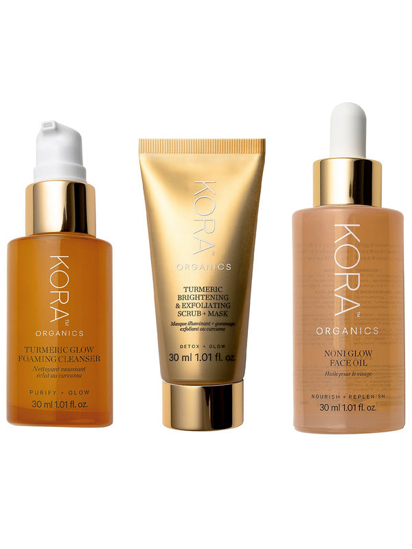 KORA Organics Best Sellers Trio: Turmeric Glow Foaming Cleanser, Brightening and Exfoliating Scrub and Mask, and Noni Glow Face Oil.