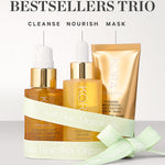 KORA Organics Best Sellers Trio: The three skincare products arranged with a pale green ribbon and cleanse, nourish and mask labels.