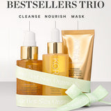 KORA Organics Best Sellers Trio: The three skincare products arranged with a pale green ribbon and cleanse, nourish and mask labels.