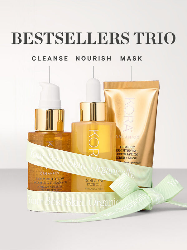 KORA Organics Best Sellers Trio: The three skincare products arranged with a pale green ribbon and cleanse, nourish and mask labels.