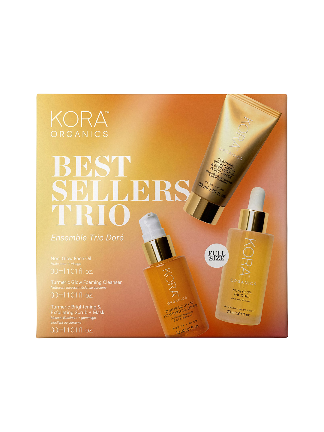 KORA Organics Best Sellers Trio gift box, front view on a white background.