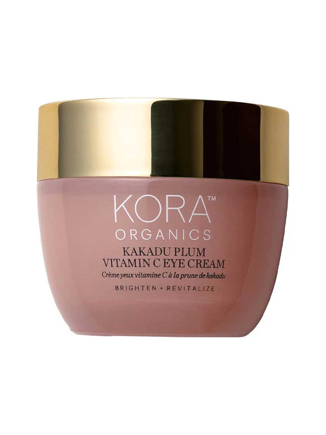 Rounded dusty-pink jar of KORA Organics Kakadu Plum Vitamin C Eye Cream with white lettering and a wide reflective gold lid.