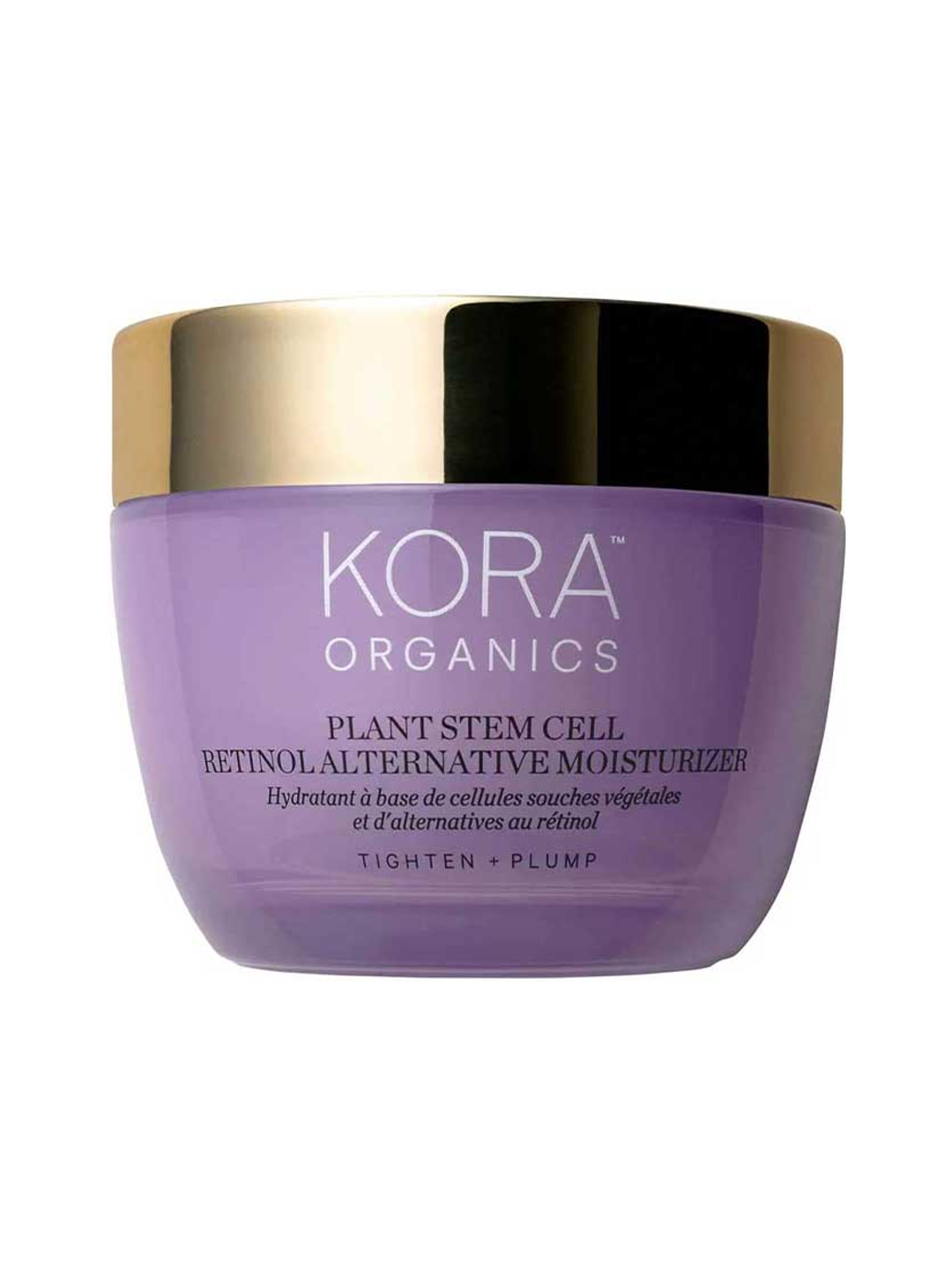 Rounded purple jar of KORA Organics Plant Stem Cell Retinol Alternative Moisturiser with white lettering and a wide reflective gold lid.