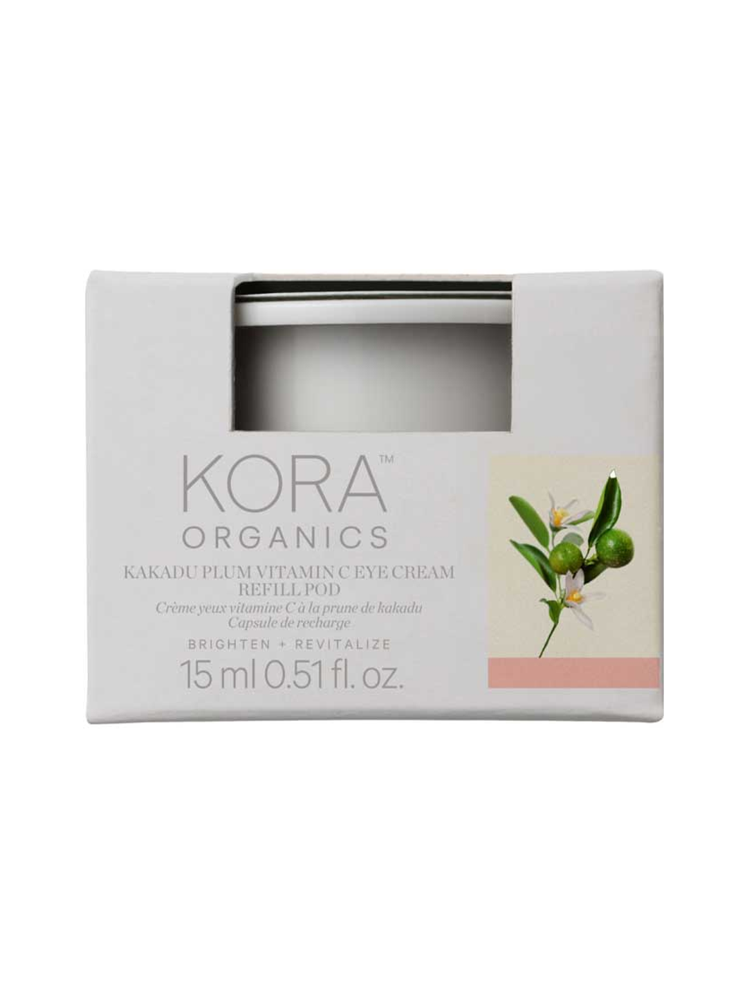 White KORA Kakadu Plum Vitamin C Eye Cream refill box with a window revealing the white pod, green fruit artwork on the right and a pink strip along the bottom. The box is labelled 15 ml.