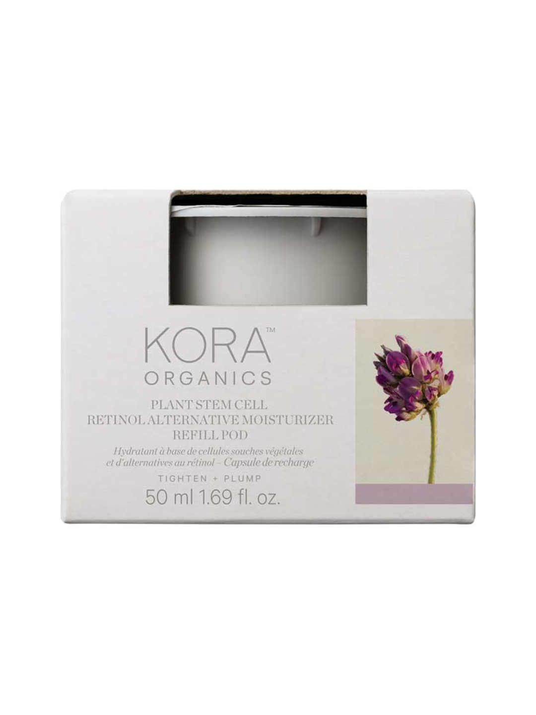 White KORA Plant Stem Cell Retinol Alternative Moisturiser refill box with a window revealing the white pod, purple flower artwork on the right and a lilac strip along the bottom. The box is labelled 50 ml.
