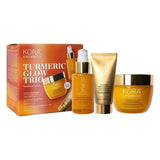 KORA Organics Turmeric Glow Trio: Gift box with the cleanser, scrub and mask, and moisturiser displayed alongside.