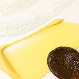 KORA Organics Turmeric Glow Trio: Close-up of cleanser, moisturiser and scrub textures.