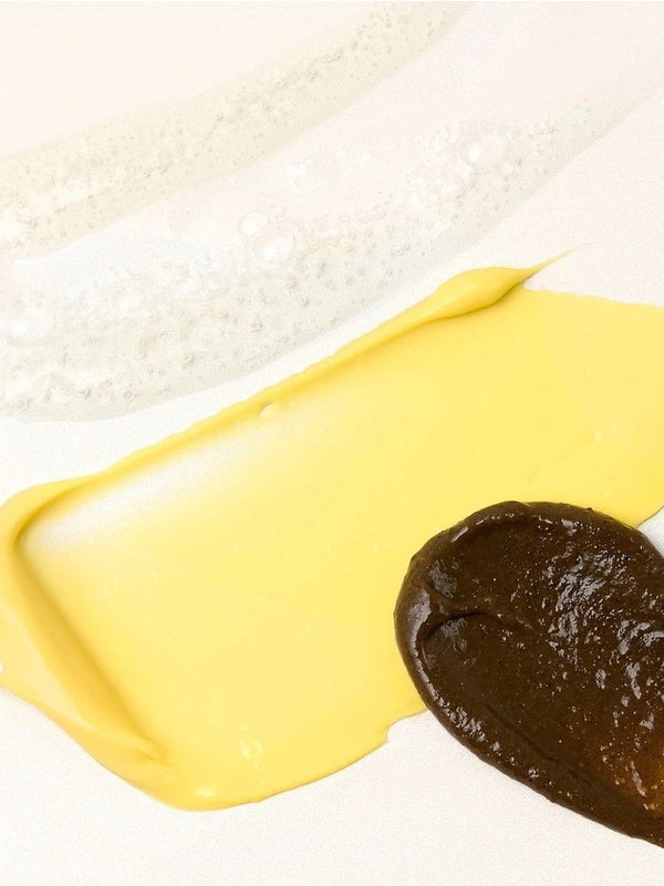 KORA Organics Turmeric Glow Trio: Close-up of cleanser, moisturiser and scrub textures.