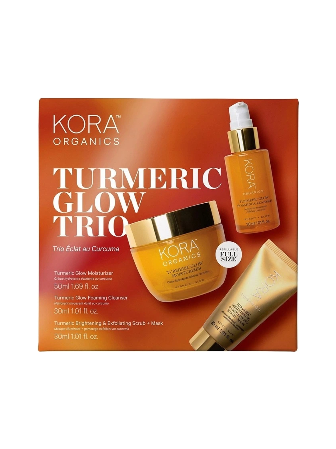 KORA Organics Turmeric Glow Trio gift box, front view on a white background.