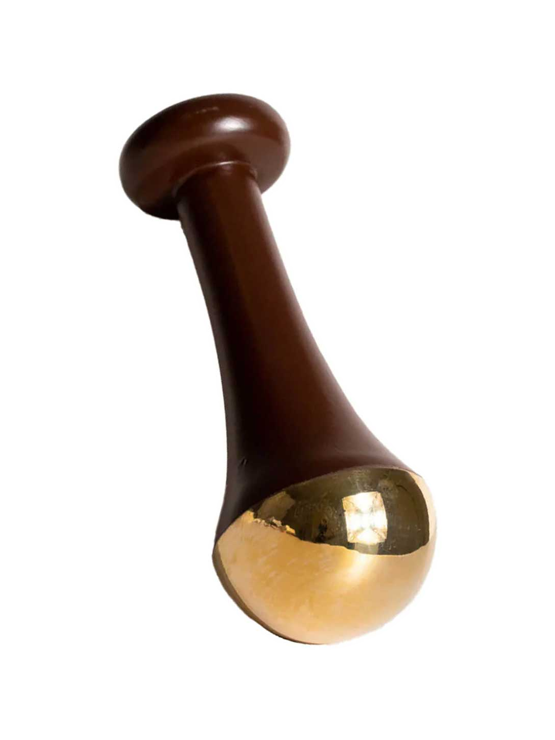 The LAMAV Ayurvedic Kansa Wand features a brown handle with a flared design and a rounded, shiny gold-colored tip, ideal for facial massage to support lymphatic drainage and promote radiant, healthy skin.