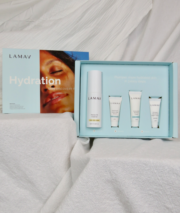 LAMAV Hydration discovery set styled on soft fabric