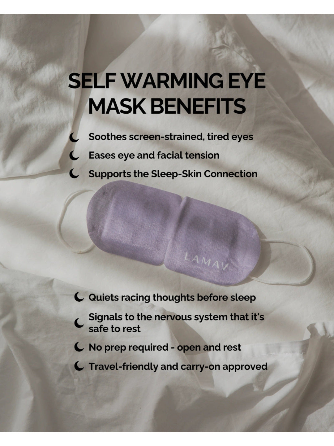 Purple LAMAV Lavender Self Warming Eye Mask with white ear loops on cream bedding. Brand text lists eye comfort, easing tension, winding down before sleep, no preparation and travel use.