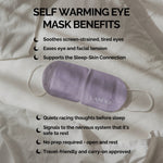 Purple LAMAV Lavender Self Warming Eye Mask with white ear loops on cream bedding. Brand text lists eye comfort, easing tension, winding down before sleep, no preparation and travel use.