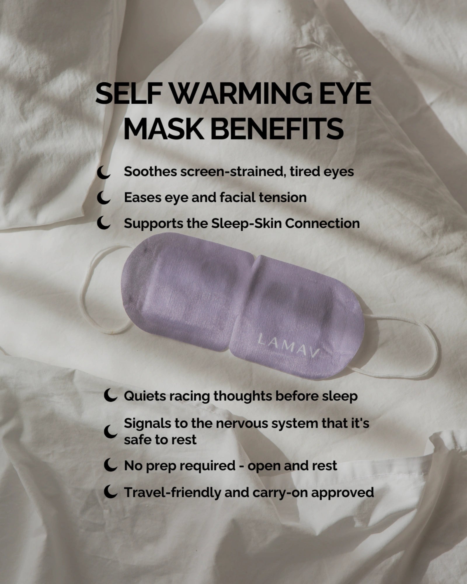 Purple LAMAV Lavender Self Warming Eye Mask with white ear loops on cream bedding. Brand text lists eye comfort, easing tension, winding down before sleep, no preparation and travel use.