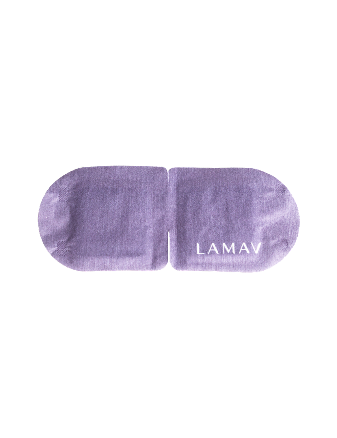 LAMAV Self Warming Eye Mask Lavender shown flat on a pure white background, with soft purple fabric, rounded ends, two eye panels and the white LAMAV logo.