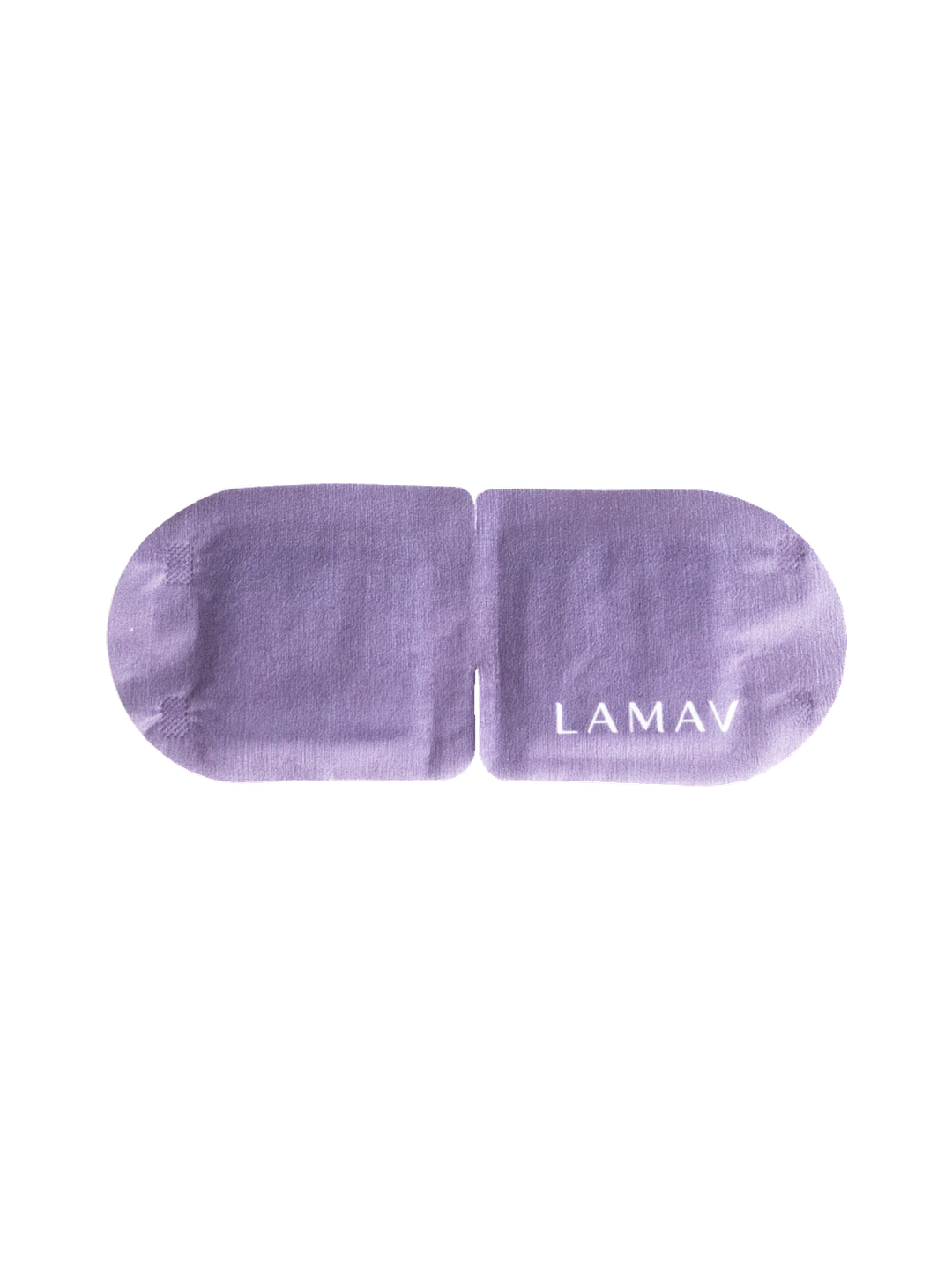 LAMAV Self Warming Eye Mask Lavender shown flat on a pure white background, with soft purple fabric, rounded ends, two eye panels and the white LAMAV logo.