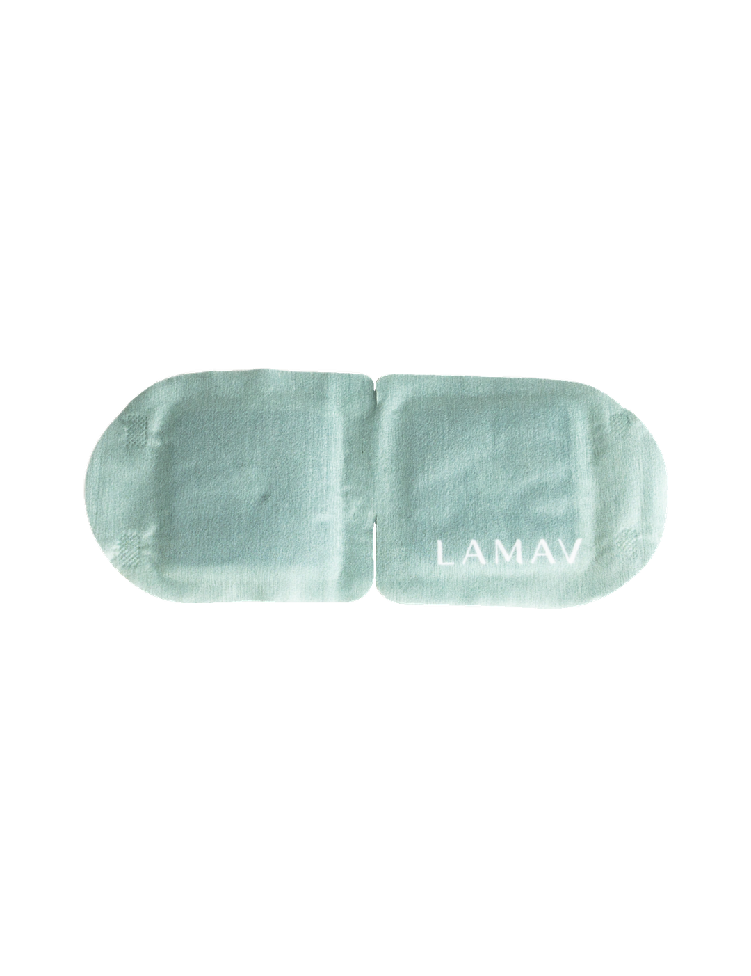 LAMAV Self Warming Eye Mask Unscented shown flat on a pure white background, with soft mint-green fabric, rounded ends, two eye panels and the white LAMAV logo.
