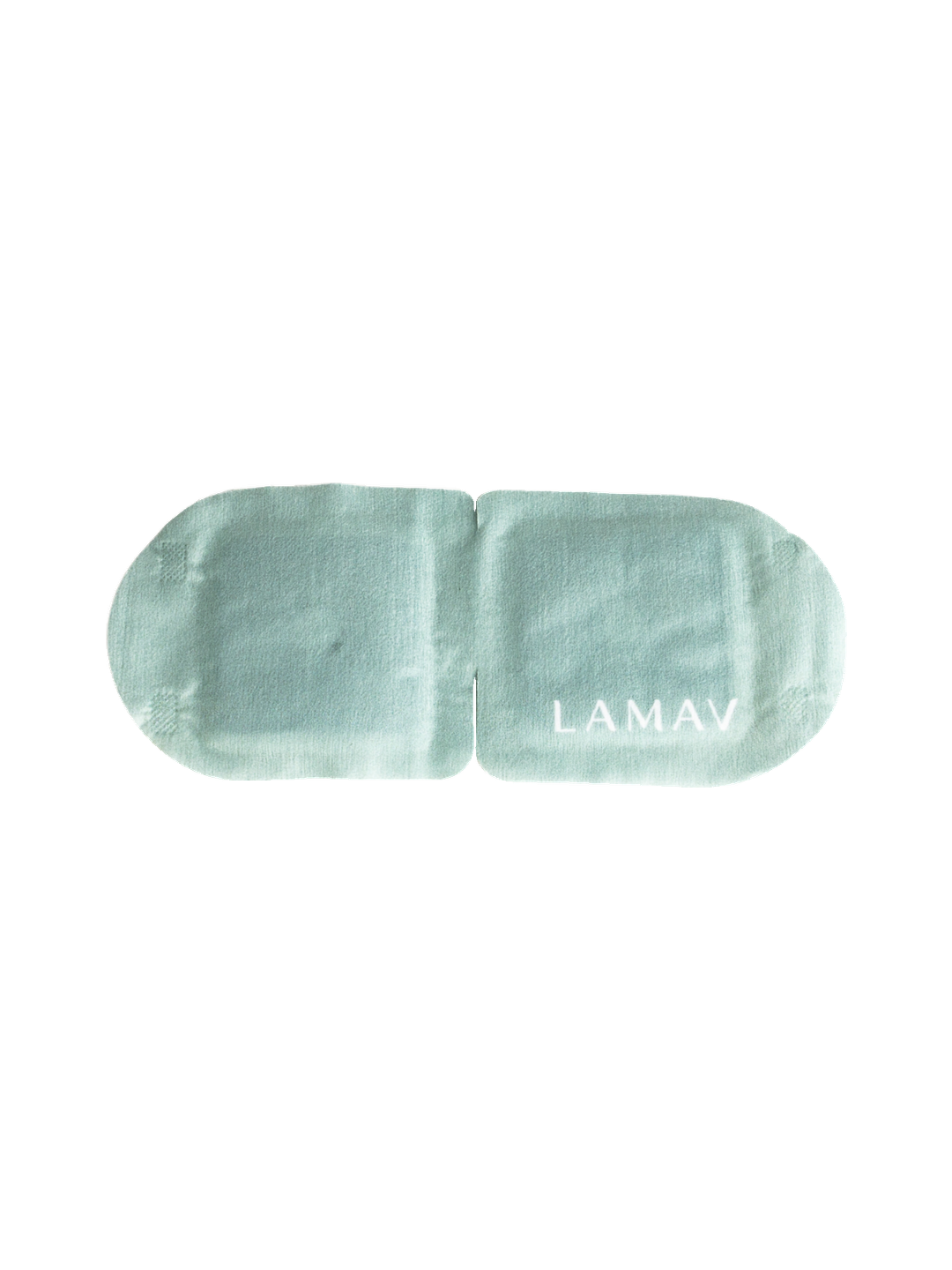 LAMAV Self Warming Eye Mask Unscented shown flat on a pure white background, with soft mint-green fabric, rounded ends, two eye panels and the white LAMAV logo.