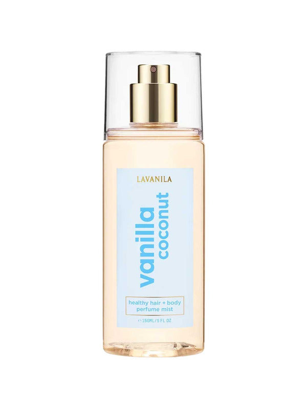 A clear bottle of Lavanila Healthy Hair and Body Mist Vanilla Coconut with a gold spray nozzle and blue label, containing 150ml of vegan fragrance for hair and body.