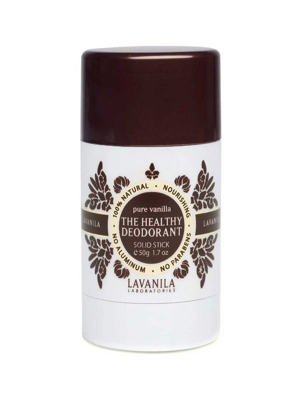 White Lavanila Pure Vanilla deodorant stick with a dark brown cap, brown botanical patterns around a circular label and a white twist-up base.