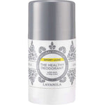 White Lavanila Sport Luxe deodorant stick with a metallic silver cap, grey botanical patterns and a circular label with a yellow Sport Luxe stripe.