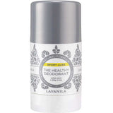 White Lavanila Sport Luxe deodorant stick with a metallic silver cap, grey botanical patterns and a circular label with a yellow Sport Luxe stripe.