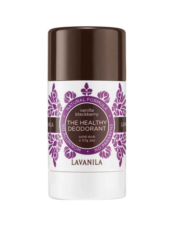 Lavanila The Healthy Deodorant Vanilla Blackberry 57g, in a brown and white container with purple floral designs, provides odour protection as an aluminium-free deodorant.