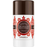 White Lavanila Vanilla Passionfruit deodorant stick with a dark brown cap, red-orange botanical patterns around a circular brown label and a white twist-up base.