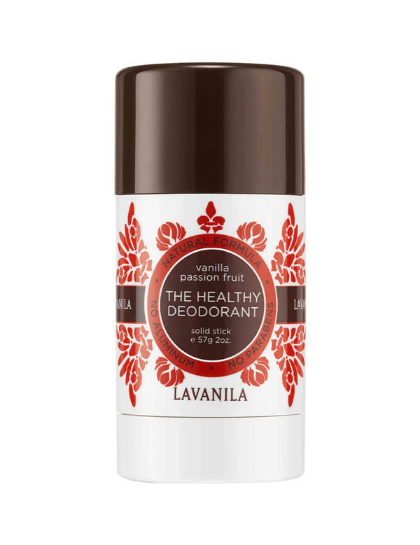 White Lavanila Vanilla Passionfruit deodorant stick with a dark brown cap, red-orange botanical patterns around a circular brown label and a white twist-up base.