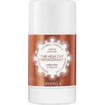 White Lavanila Vanilla Summer deodorant stick with a white cap and warm copper-coloured label, decorated with a circular wreath of small white flowers.