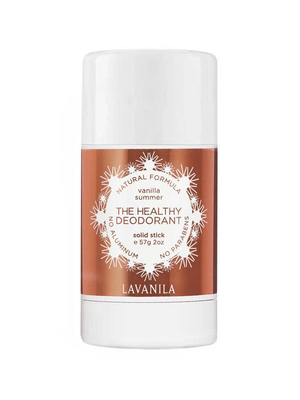 White Lavanila Vanilla Summer deodorant stick with a white cap and warm copper-coloured label, decorated with a circular wreath of small white flowers.