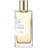 The Lavanila The Healthy Fragrance EDT Vanilla Coconut 50ml is a rectangular glass bottle with a gold cap, white label, blue floral design, and crafted with essential oils for a naturally healthy scent.