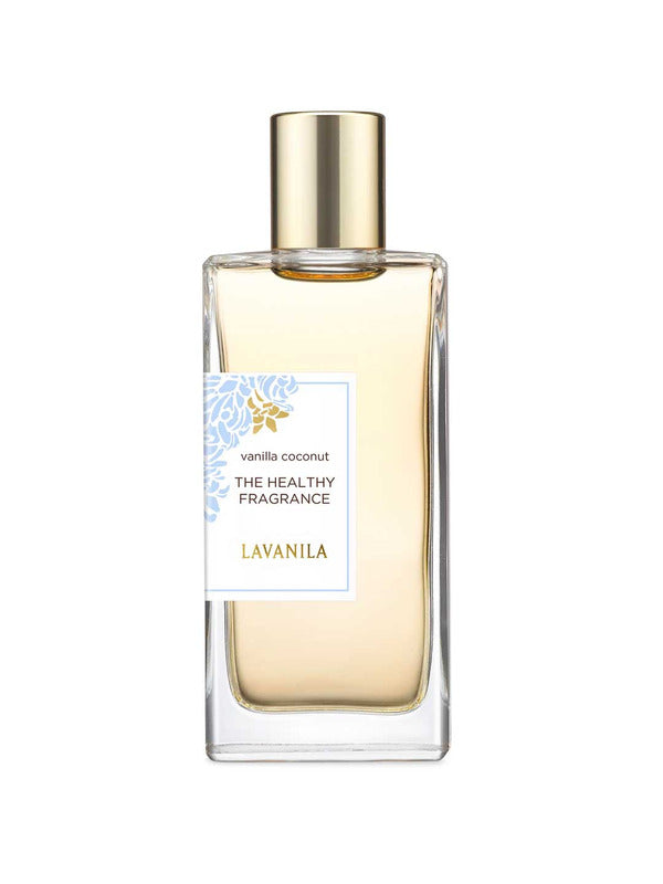 The Lavanila The Healthy Fragrance EDT Vanilla Coconut 50ml is a rectangular glass bottle with a gold cap, white label, blue floral design, and crafted with essential oils for a naturally healthy scent.