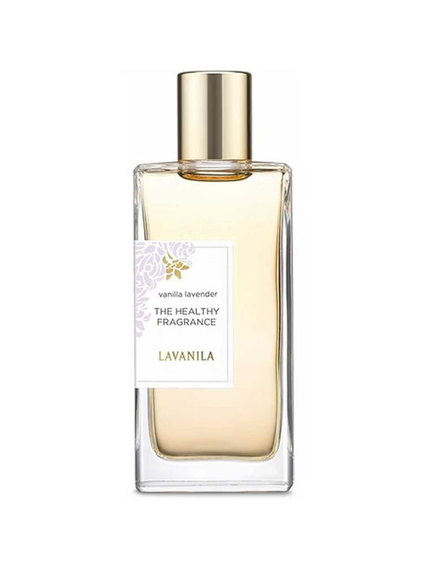 A rectangular glass bottle with a gold cap holds Lavanila The Healthy Fragrance EDT Vanilla Lavender 50ml, featuring light amber liquid and a label with floral design.