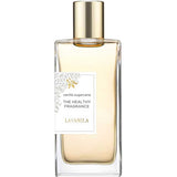A clear glass bottle of Lavanila The Healthy Fragrance EDT Vanilla Sugarcane 50ml, a vegan perfume with a gold cap and a white label decorated with gold and grey floral accents.