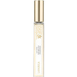 A clear glass roller ball bottle with a gold cap, adorned with a white and gold floral label reading "Lavanila The Healthy Fragrance." This 10ml Pure Vanilla perfume delights the senses with its fresh, natural scent.