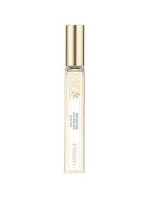A clear glass roller ball bottle with a gold cap, adorned with a white and gold floral label reading "Lavanila The Healthy Fragrance." This 10ml Pure Vanilla perfume delights the senses with its fresh, natural scent.