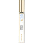 A clear glass roller ball bottle with a gold cap and a white-and-gold label featuring light blue floral accents, labeled “Lavanila The Healthy Fragrance”—the Vanilla Coconut natural perfume in a 10ml size.