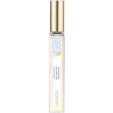 A clear glass roller ball bottle with a gold cap and a white-and-gold label featuring light blue floral accents, labeled “Lavanila The Healthy Fragrance”—the Vanilla Coconut natural perfume in a 10ml size.