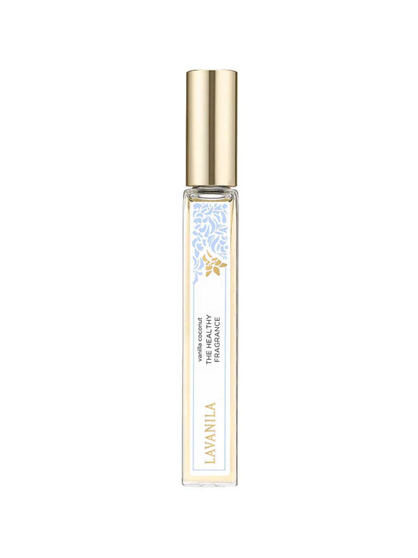 A clear glass roller ball bottle with a gold cap and a white-and-gold label featuring light blue floral accents, labeled “Lavanila The Healthy Fragrance”—the Vanilla Coconut natural perfume in a 10ml size.