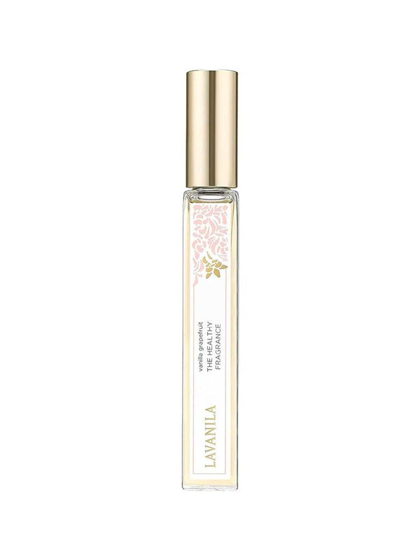 A clear glass roller ball bottle with a gold cap, labeled Lavanila The Healthy Fragrance Vanilla Grapefruit 10ml, blended with essential oils for a fresh, vibrant scent.