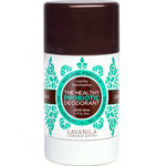 White Lavanila Eucalyptus Vanilla probiotic deodorant stick with a dark brown cap, turquoise-green botanical patterns and Probiotic Deodorant lettering on its circular brown label.