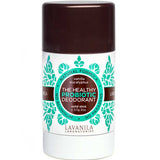 White Lavanila Eucalyptus Vanilla probiotic deodorant stick with a dark brown cap, turquoise-green botanical patterns and Probiotic Deodorant lettering on its circular brown label.