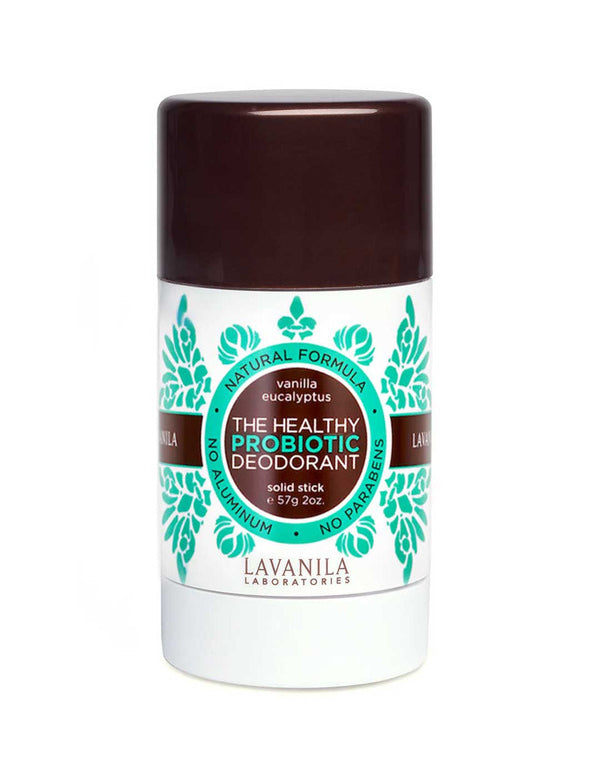 White Lavanila Eucalyptus Vanilla probiotic deodorant stick with a dark brown cap, turquoise-green botanical patterns and Probiotic Deodorant lettering on its circular brown label.