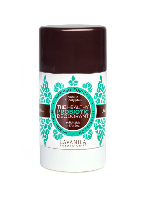 White Lavanila Eucalyptus Vanilla probiotic deodorant stick with a dark brown cap, turquoise-green botanical patterns and Probiotic Deodorant lettering on its circular brown label.