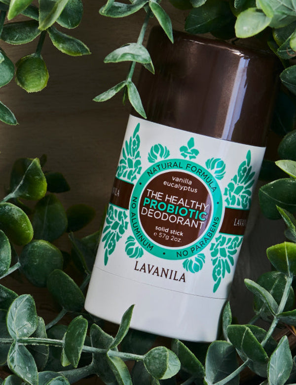 Lavanila Eucalyptus Vanilla probiotic deodorant with a dark brown cap and turquoise-green botanical label lying diagonally on dark wood, framed by green leafy branches.