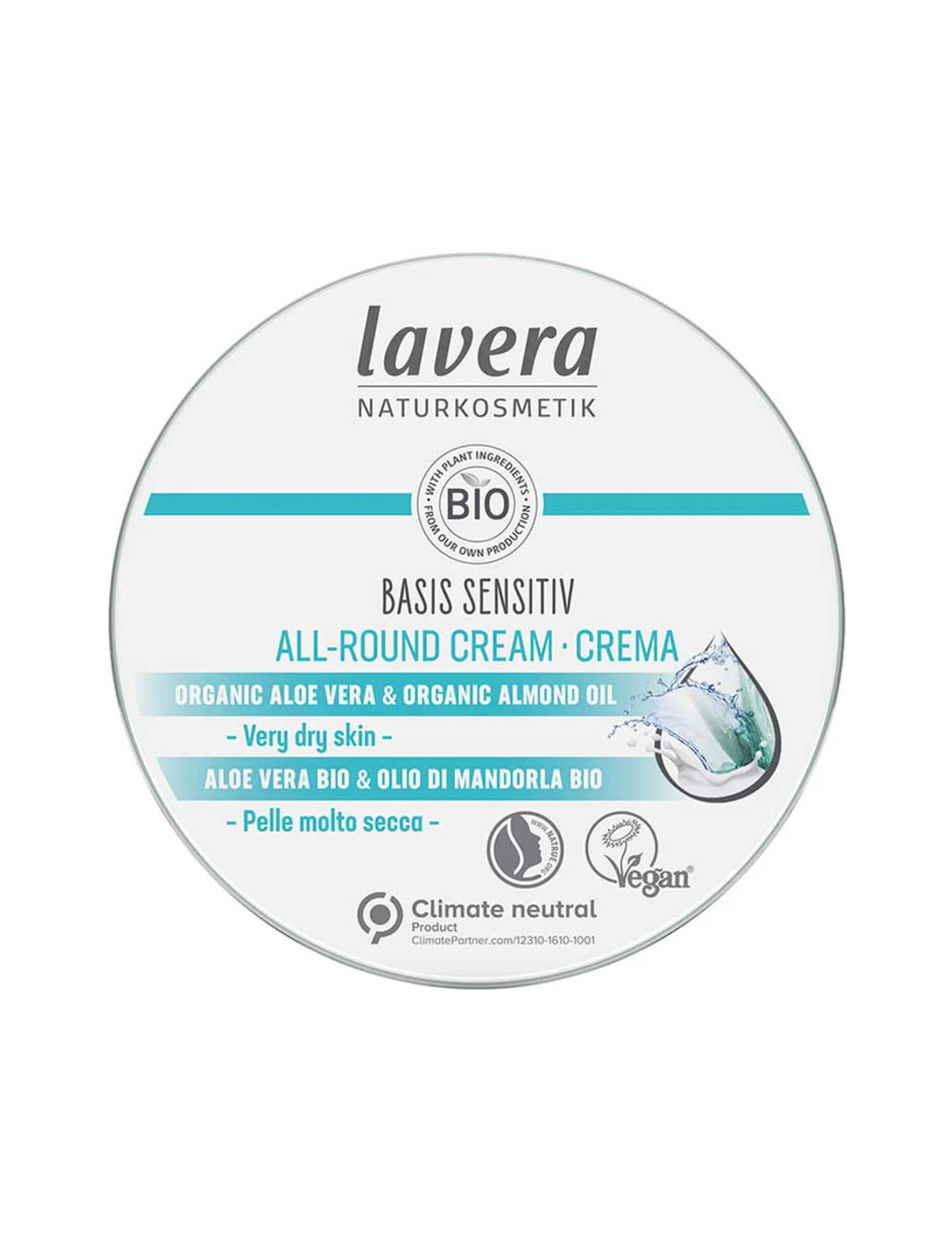 Lavera Basis Sensitiv All Round Cream 75ml closed round tin on a white background.