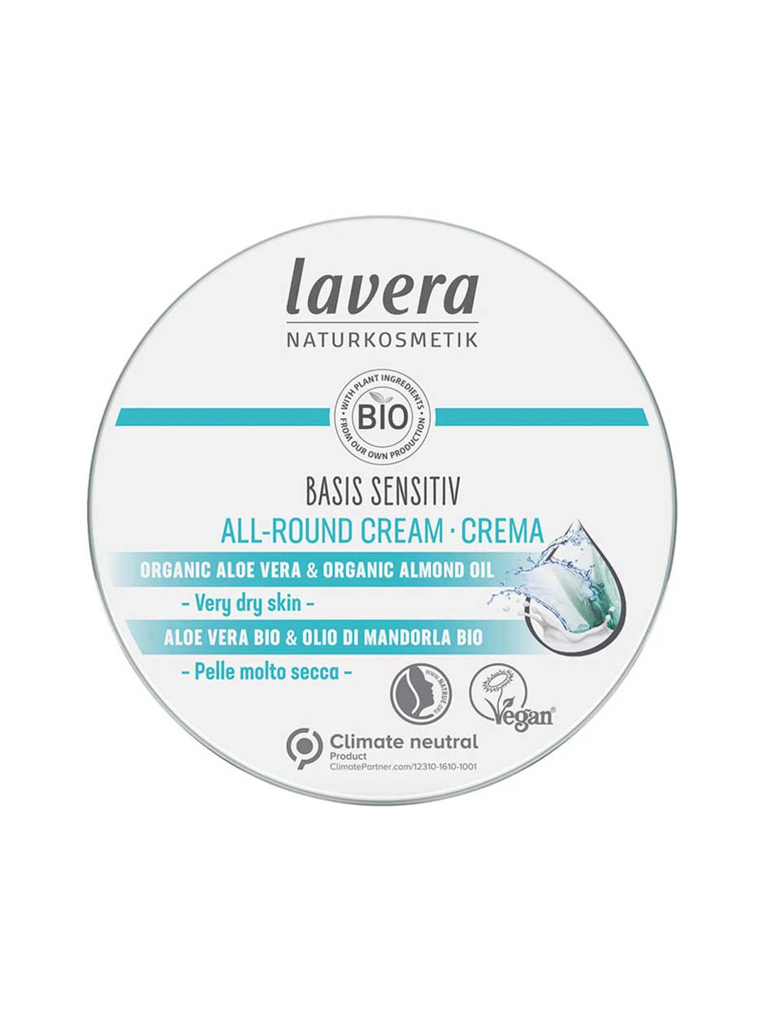 Lavera Basis Sensitiv All Round Cream 75ml closed round tin on a white background.