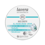 Lavera Basis Sensitiv All Round Cream 75ml closed round tin on a white background.