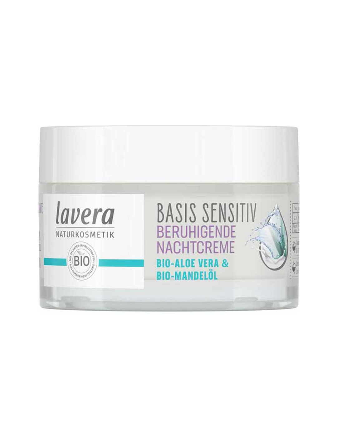 Lavera Basis Sensitiv Calming Night Cream 50ml closed jar on a white background.
